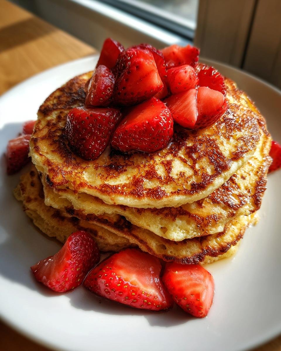 A stack of Perfect Whole Wheat Strawberry Pancakes topped with fresh sliced strawberries.