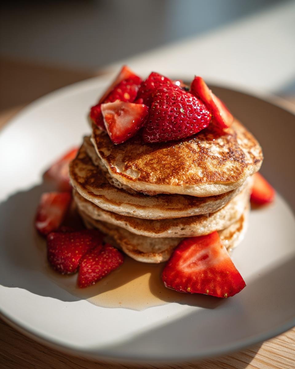 A stack of Perfect Whole Wheat Strawberry Pancakes topped with fresh strawberries and drizzled with syrup.