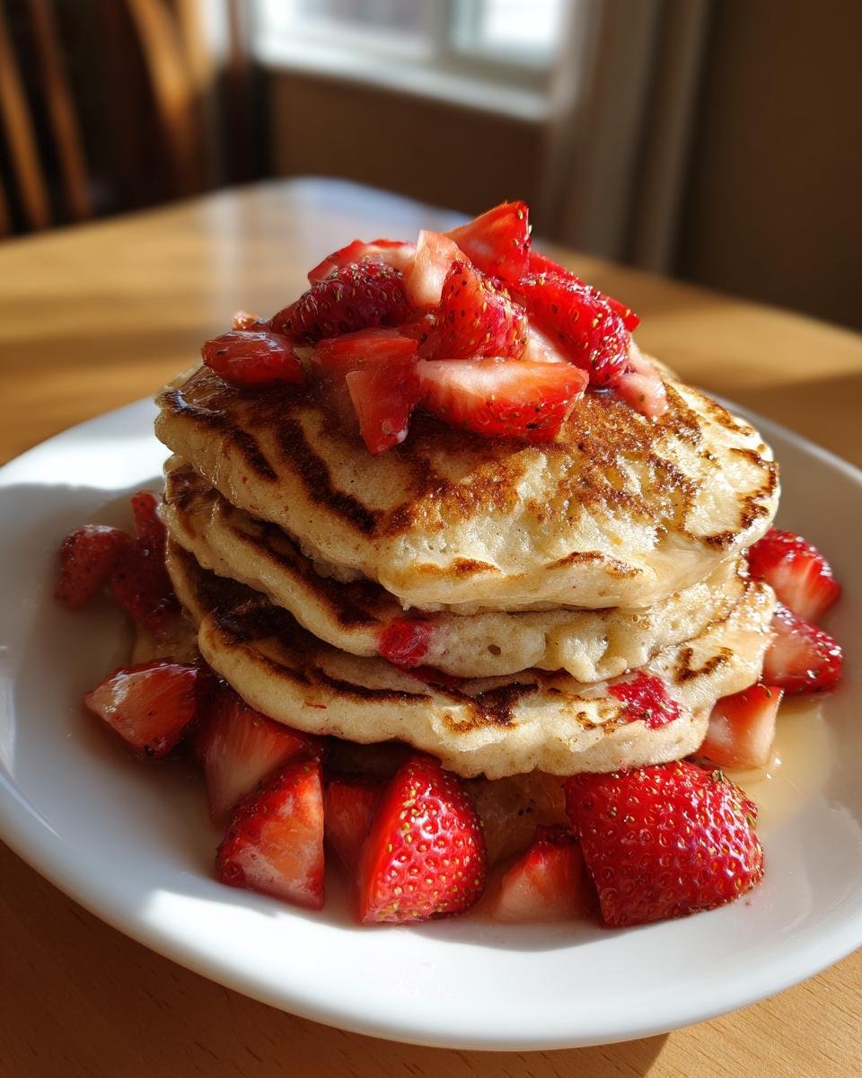 A tall stack of Perfect Whole Wheat Strawberry Pancakes topped with fresh sliced strawberries and syrup.