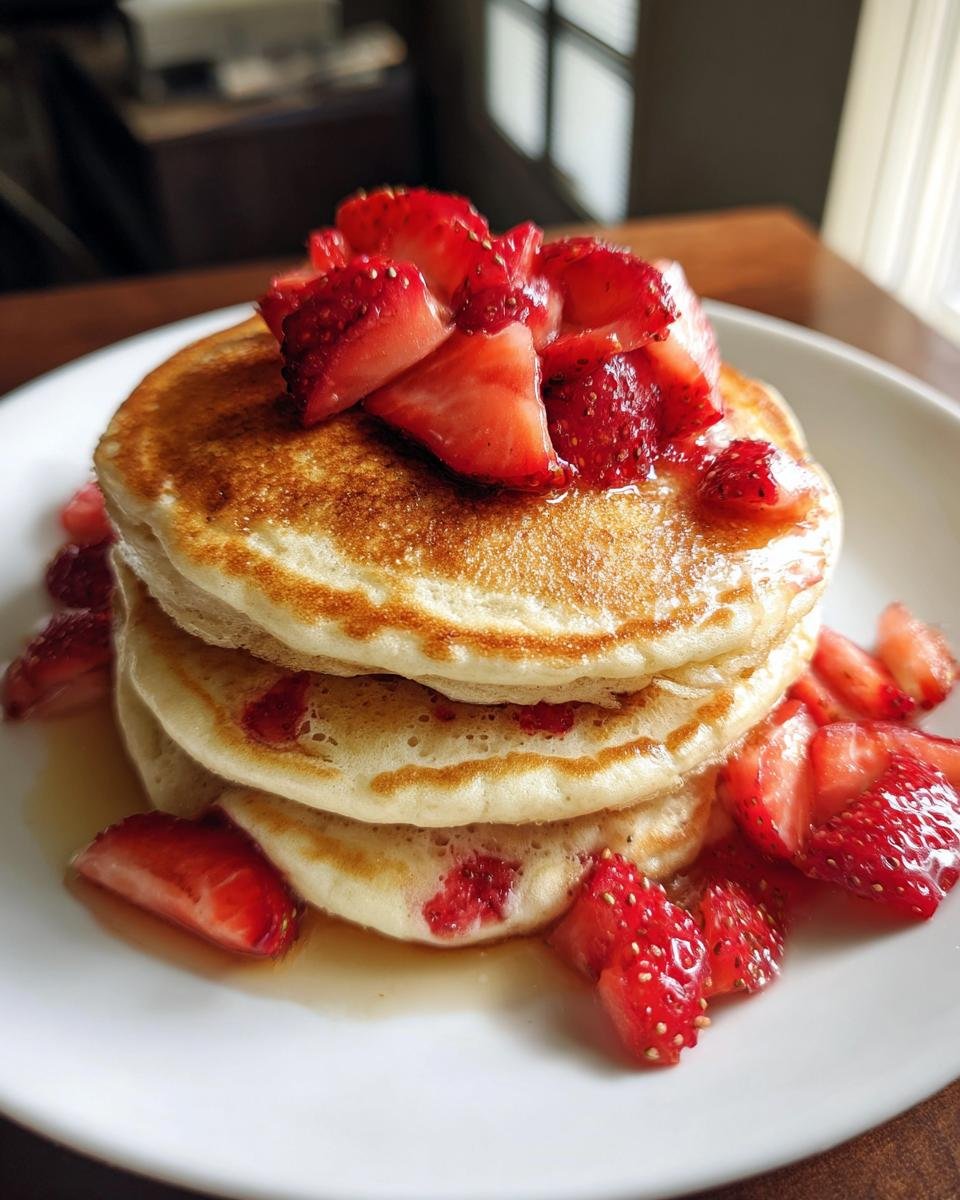 A stack of three Perfect Whole Wheat Strawberry Pancakes topped with fresh sliced strawberries and syrup.
