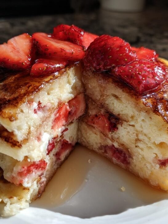 A stack of Perfect Whole Wheat Strawberry Pancakes, topped with fresh strawberries and syrup.