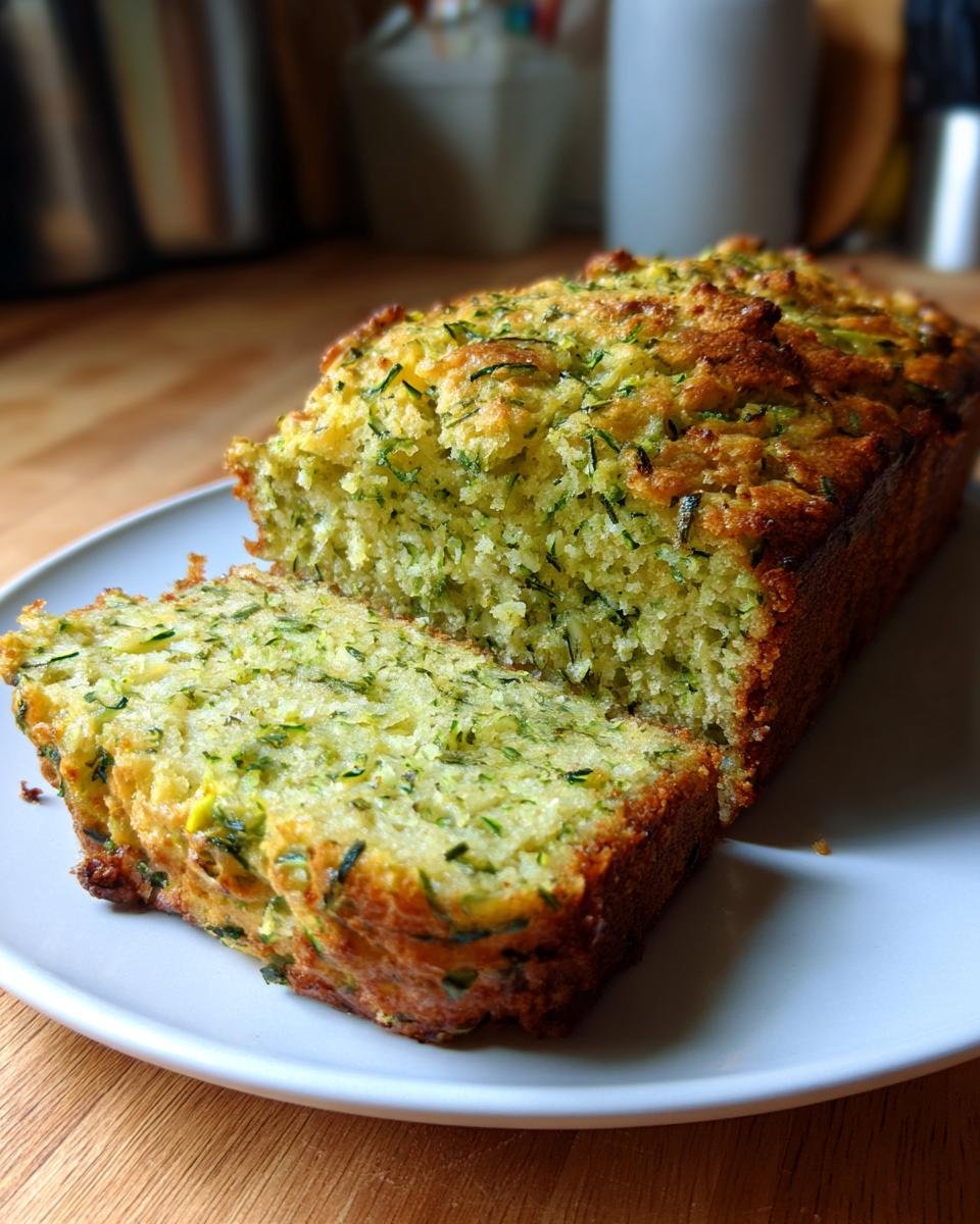 A loaf of freshly baked Pesto Zucchini Bread with one slice cut, showing the moist interior filled with shredded zucchini.