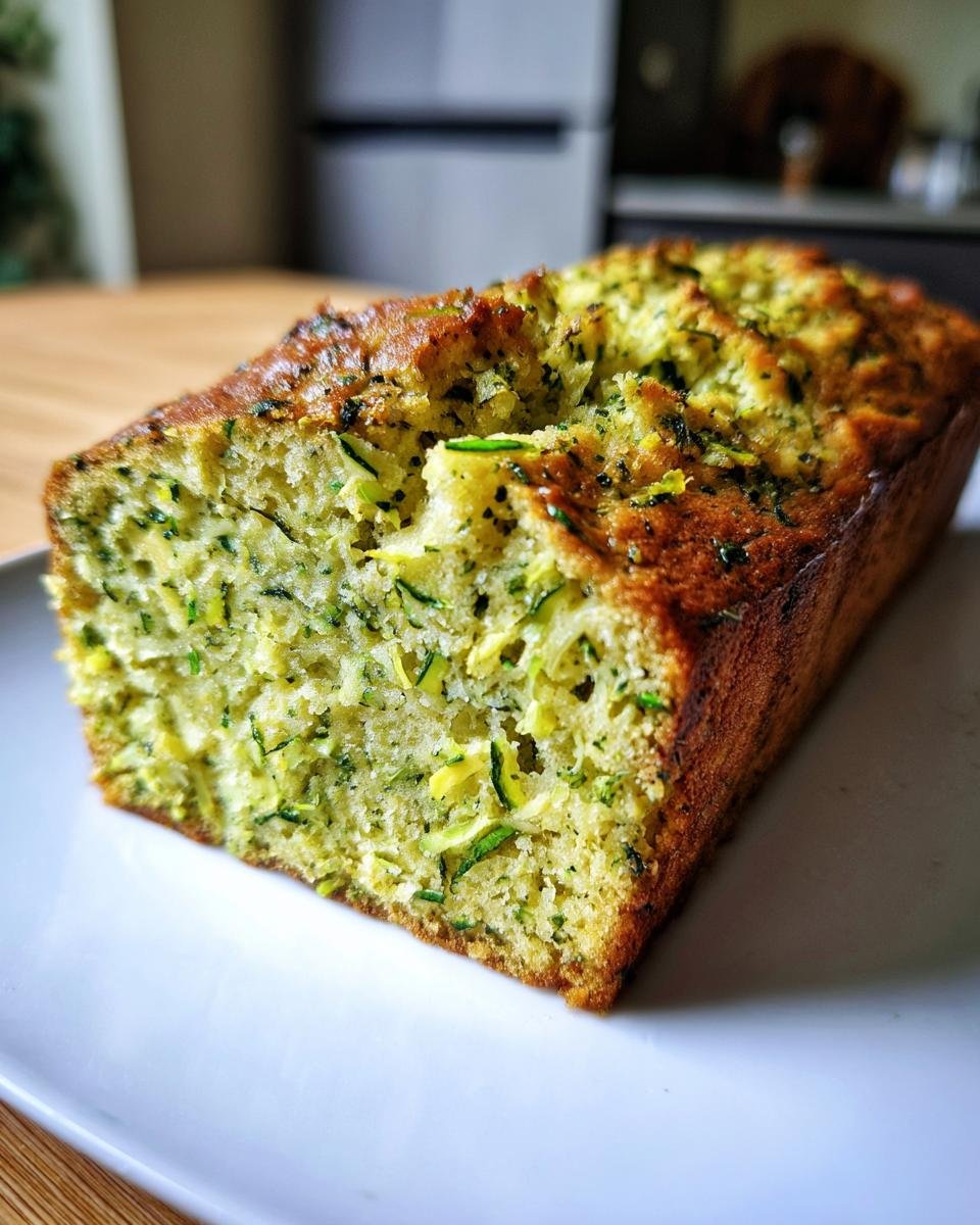 Close-up of a golden-brown loaf of Pesto Zucchini Bread showing moist texture and green zucchini shreds.