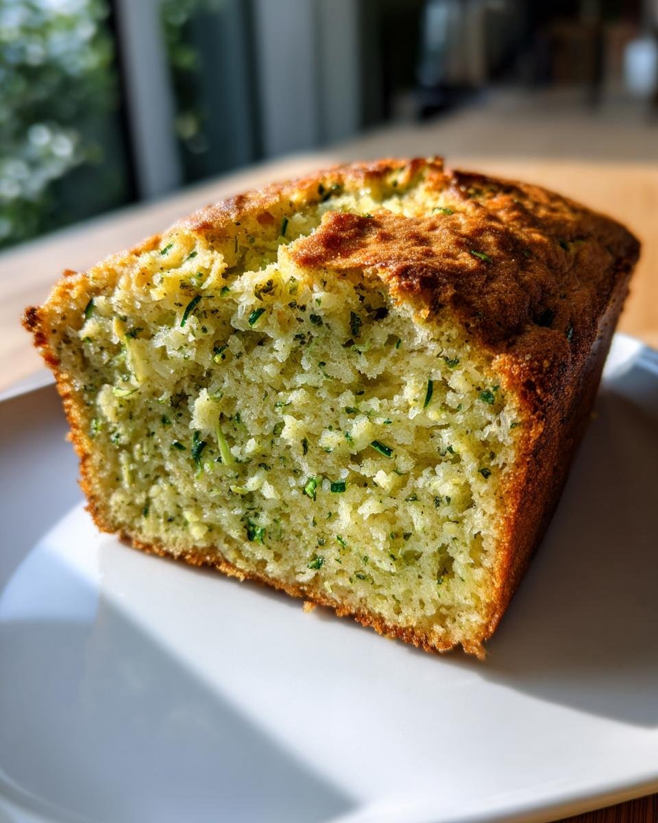 A close-up of a thick slice of moist Pesto Zucchini Bread showing green shreds of zucchini throughout the crumb.