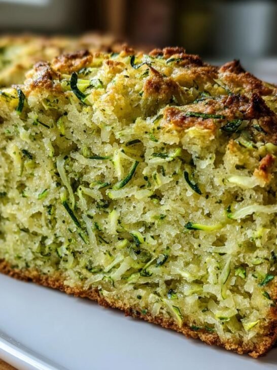 Close-up of a thick slice of Pesto Zucchini Bread showing moist crumb and shredded zucchini.