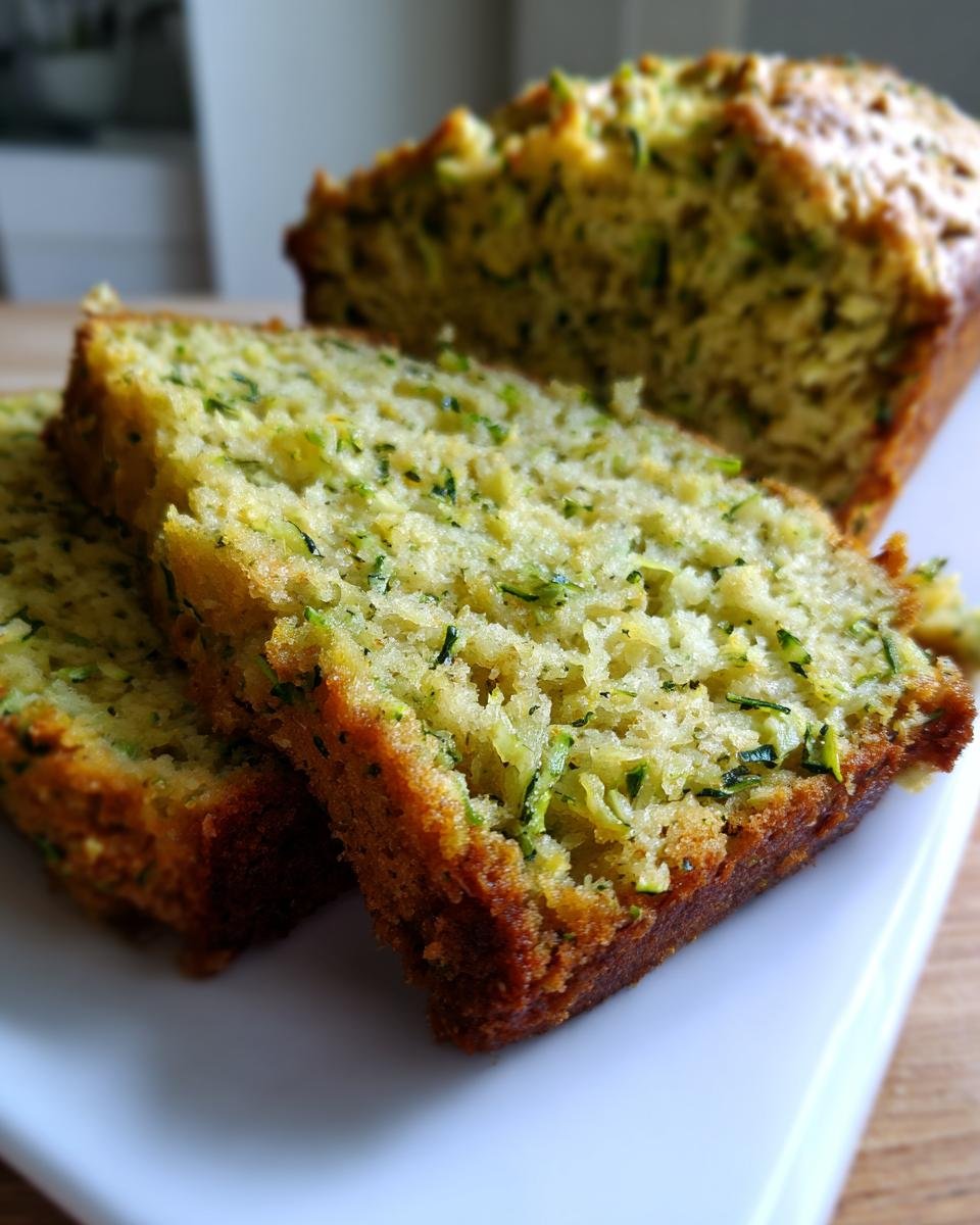 Close-up of two thick slices of Pesto Zucchini Bread showing the moist texture and flecks of green zucchini.