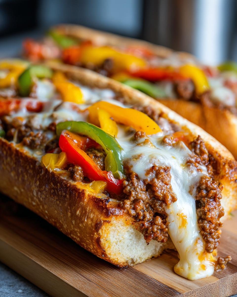 Close-up of an irresistible Philly cheese beef skillet sandwich overflowing with melted cheese and colorful peppers.