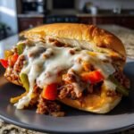 A close-up of an Irresistible Philly Cheese Beef Skillet sandwich overflowing with seasoned beef, peppers, onions, and melted cheese on a bun.