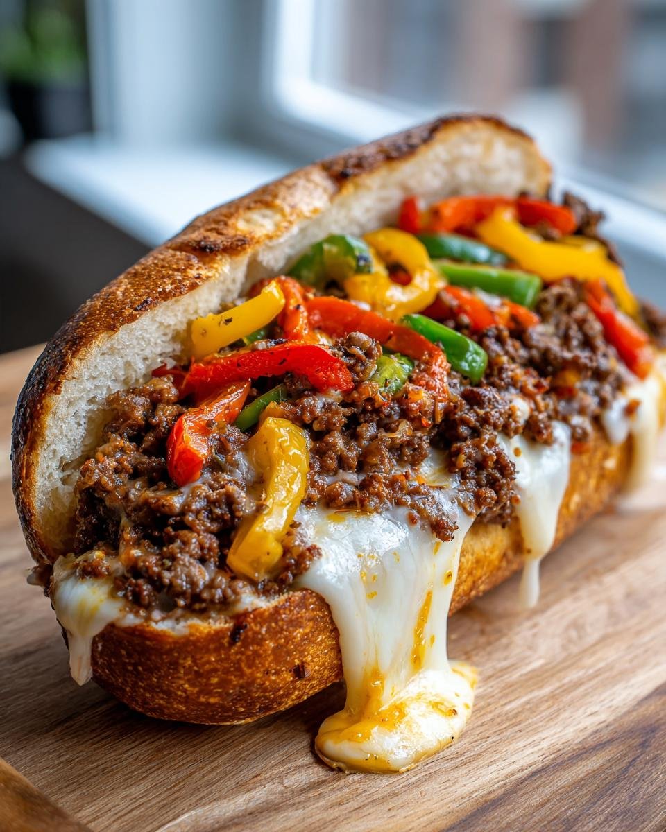 A close-up of an Irresistible Philly Cheese Beef Skillet sandwich overflowing with seasoned beef, colorful peppers, and melted cheese.