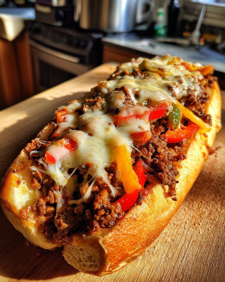 A delicious Philly Cheese Beef Skillet sandwich on a wooden board, filled with seasoned beef, colorful peppers, and melted cheese.
