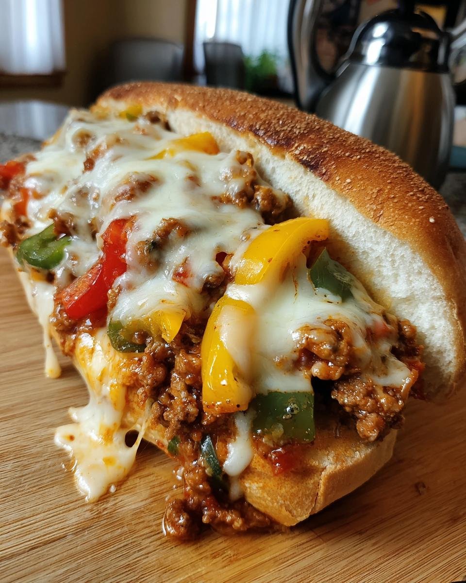 A close-up of an Irresistible Philly Cheese Beef Skillet sandwich overflowing with seasoned beef, peppers, and melted cheese.