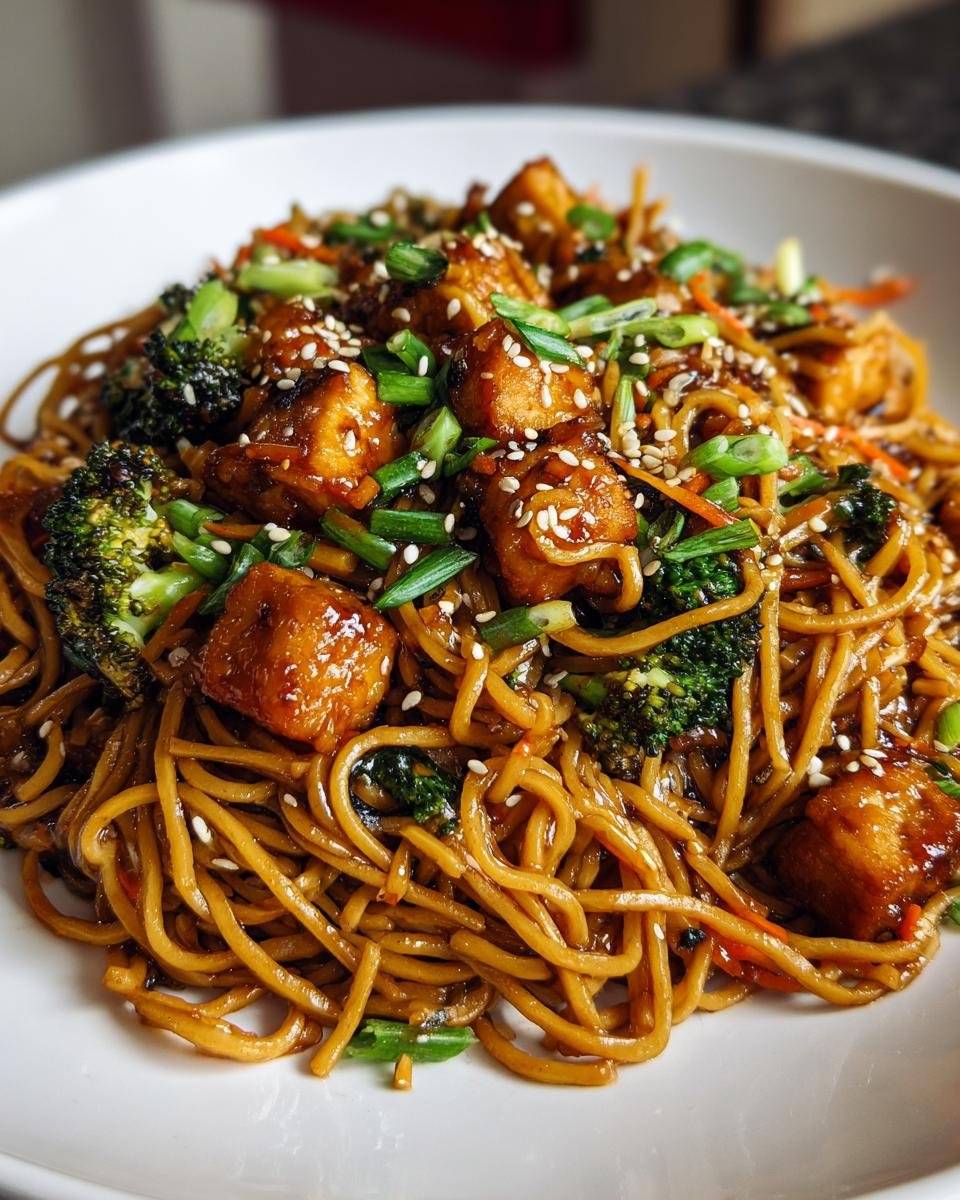 A close-up of a serving of Plant Based Sesame Chicken Noodles, featuring glazed tofu, broccoli, and sesame seeds.