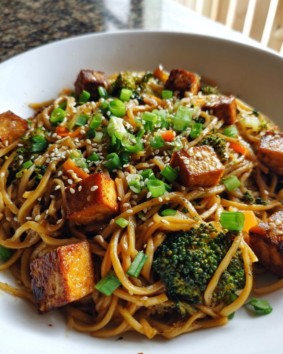 A close-up of Plant Based Sesame Chicken Noodles topped with crispy tofu, broccoli, and green onions.