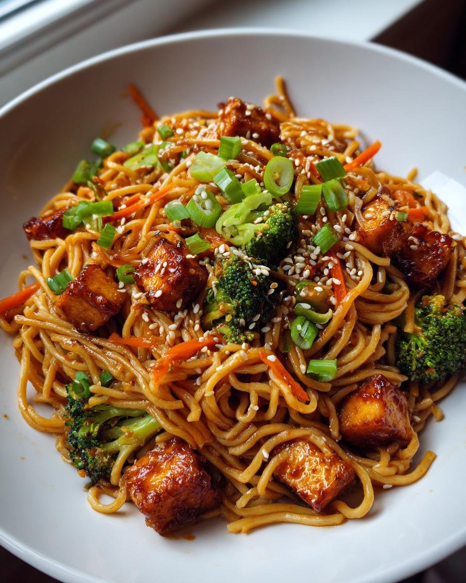 A close-up of a white bowl filled with Plant Based Sesame Chicken Noodles, featuring glazed tofu, broccoli, and scallions.
