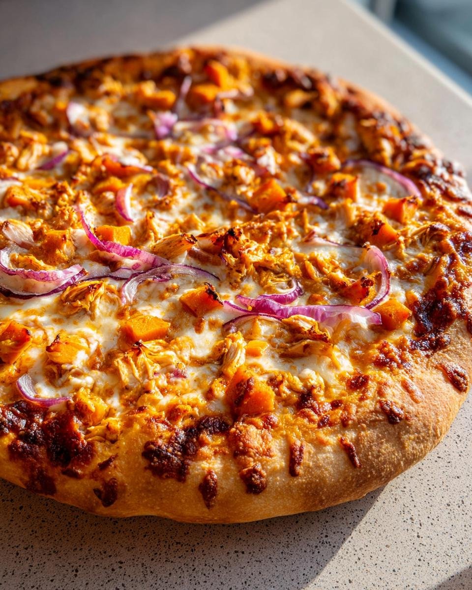 A freshly baked Pumpkin BBQ Chicken Pizza With Butternut Squash topped with melted cheese and red onion slices.