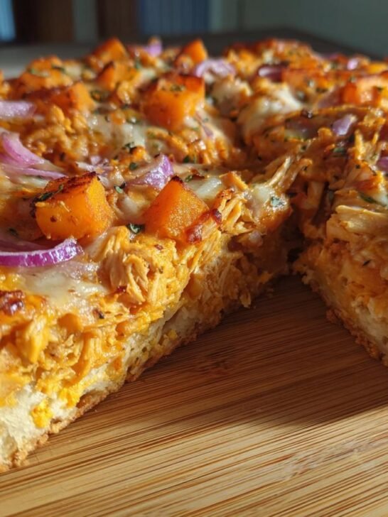 A thick-crust Pumpkin BBQ Chicken Pizza With Butternut Squash, topped with red onion, cut open on a wooden board.