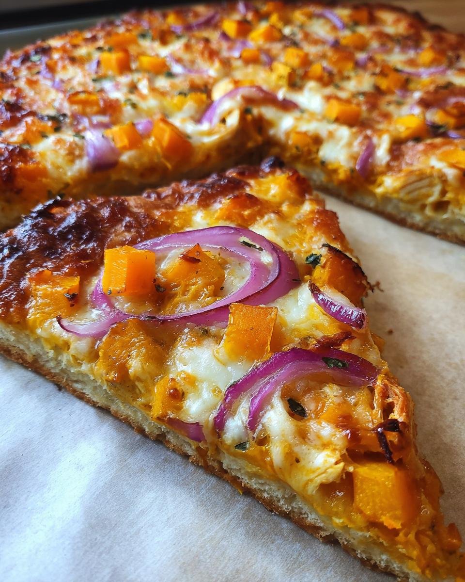 Close-up of a slice of Pumpkin BBQ Chicken Pizza With Butternut Squash, topped with melted cheese and red onion.