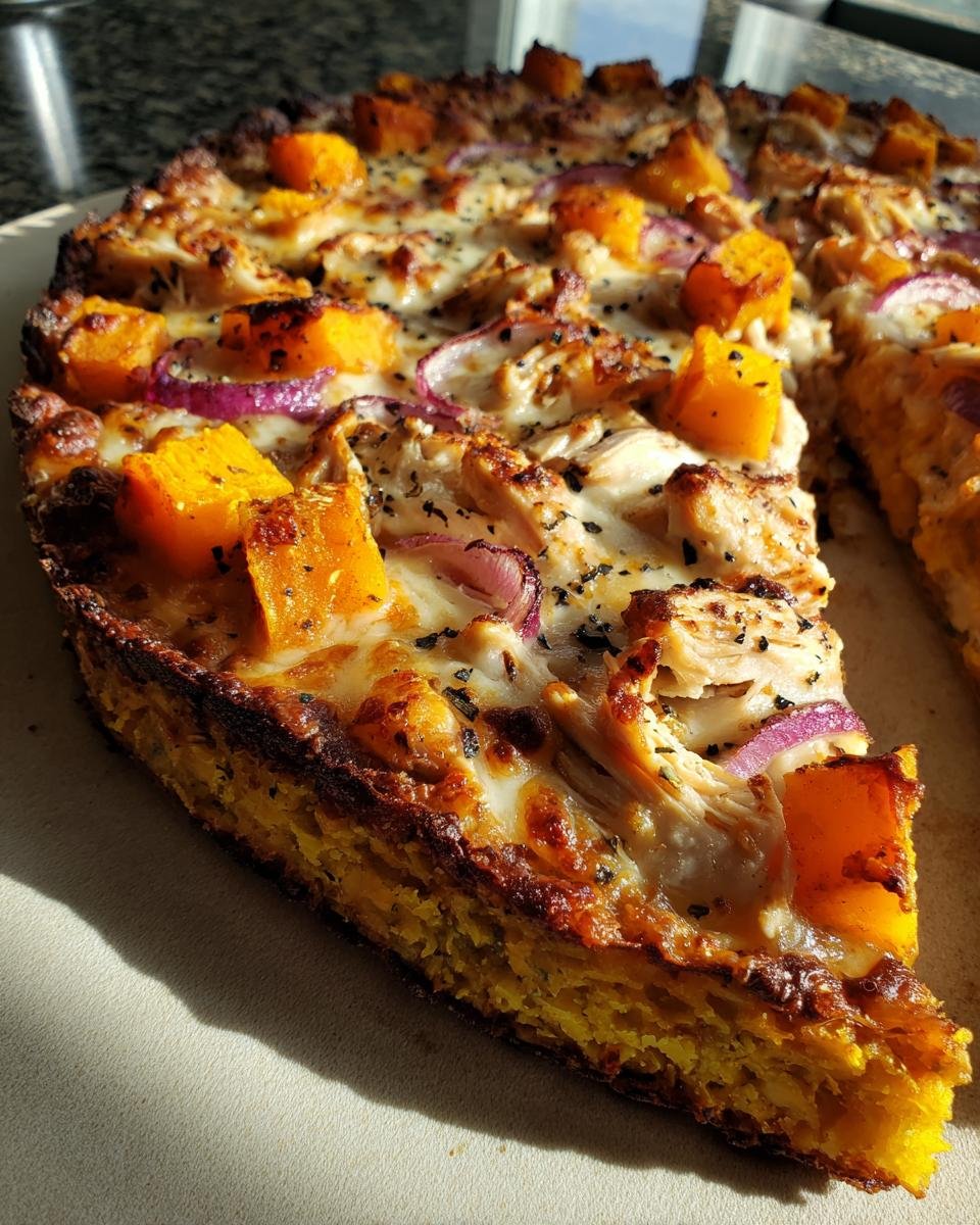 Close-up of a slice of Pumpkin BBQ Chicken Pizza With Butternut Squash showing melted cheese, chicken, and red onion.