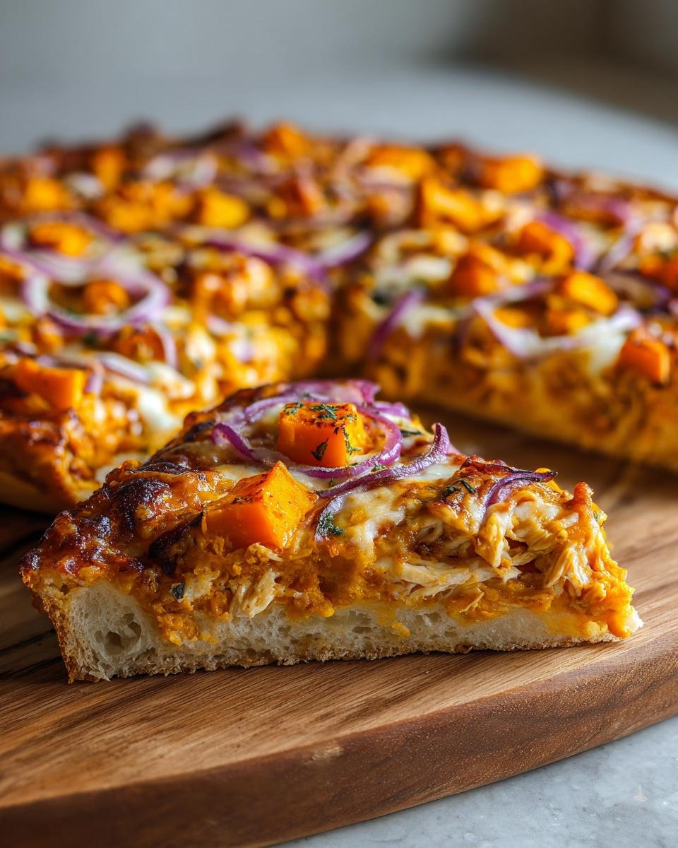Close-up of a slice of Pumpkin BBQ Chicken Pizza showing thick crust, shredded chicken, and roasted butternut squash cubes.