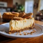 A decadent slice of Pumpkin Cheesecake with Biscoff Cookies, topped with whole cookies and caramel drizzle.