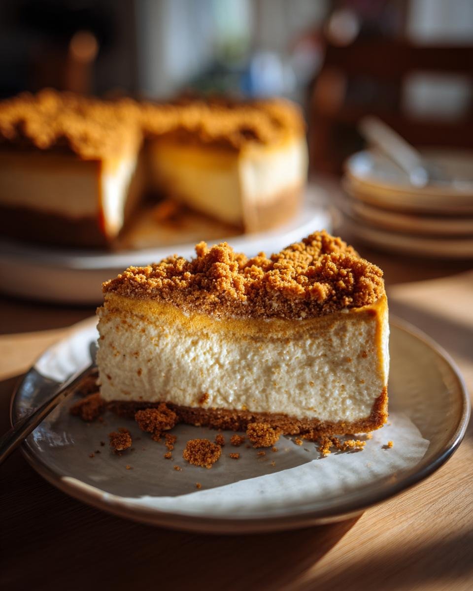 A thick slice of Pumpkin Cheesecake with Biscoff Cookies crust and topping, served on a plate.
