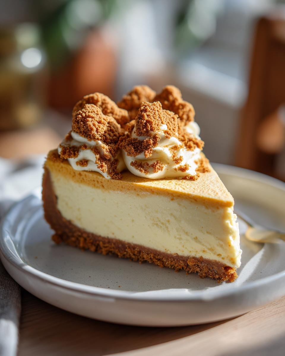 A perfect slice of Pumpkin Cheesecake with Biscoff Cookies, topped with whipped cream and cookie crumbs.