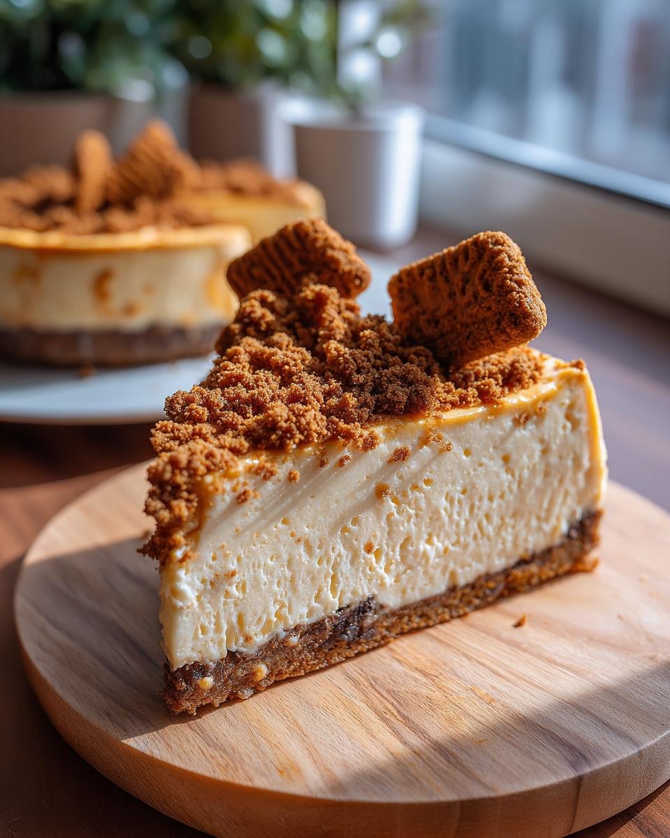 A slice of decadent Pumpkin Cheesecake with Biscoff Cookies, topped with cookie crumbs and whole Biscoff cookies.