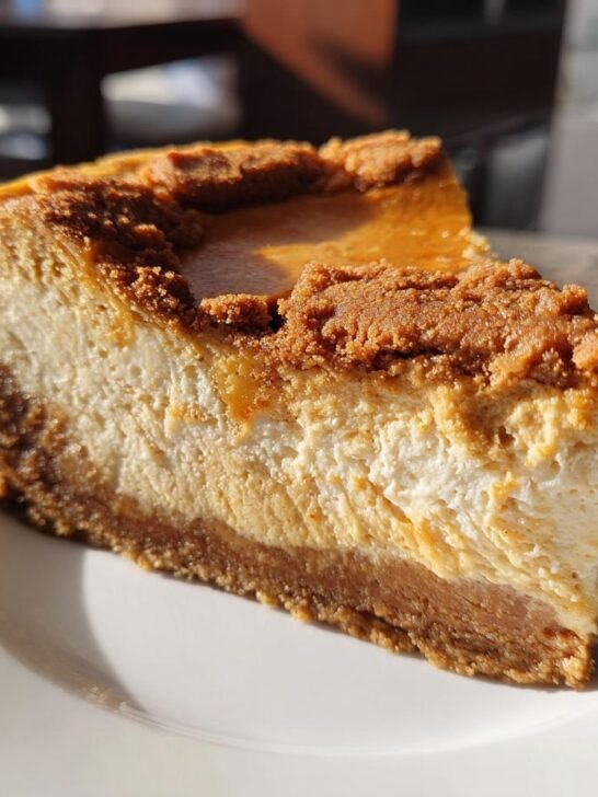 A slice of decadent Pumpkin Cheesecake with Biscoff Cookies on a white plate, showcasing creamy layers and a cookie crust.