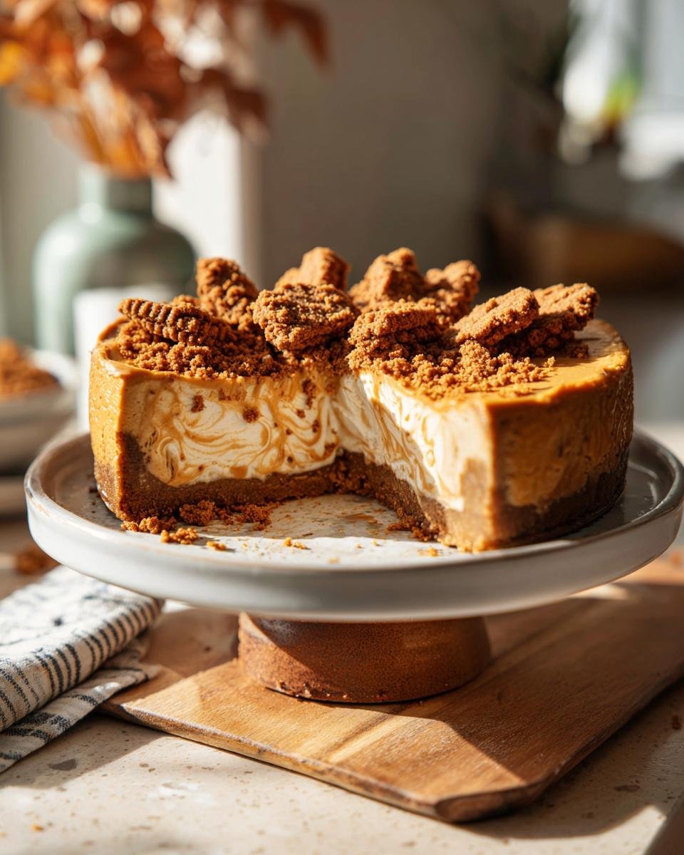 A slice is missing from a decadent Pumpkin Cheesecake topped with Biscoff cookies and crumbs.