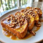 Three slices of golden Pumpkin French Toast topped with a rich praline sauce and chopped pecans.