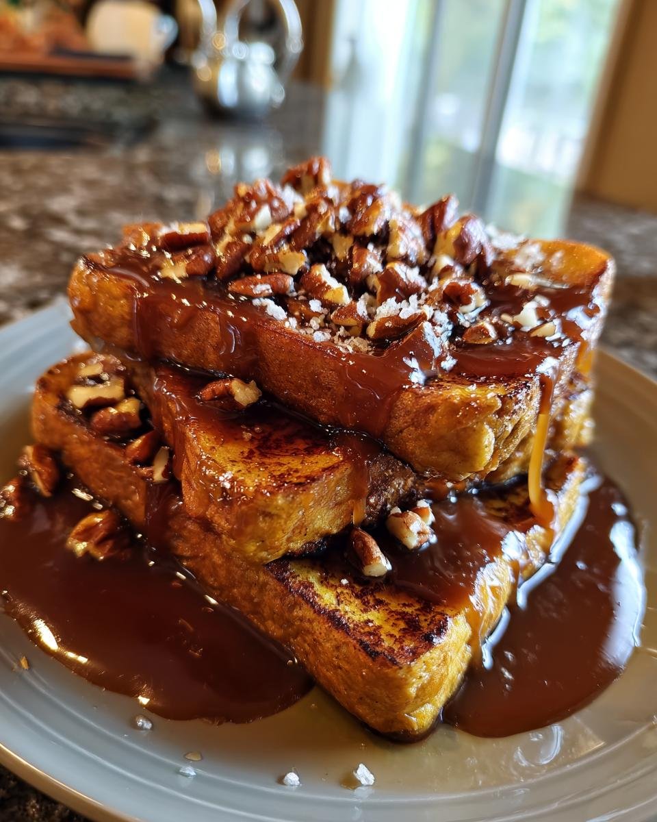 A stack of golden Pumpkin French Toast generously drizzled with praline sauce and topped with chopped pecans.