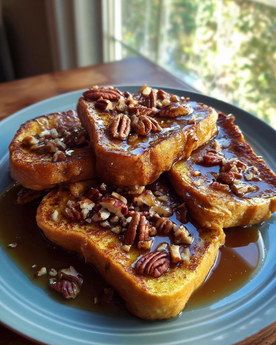 A plate of golden Pumpkin French Toast generously topped with praline sauce and chopped pecans.
