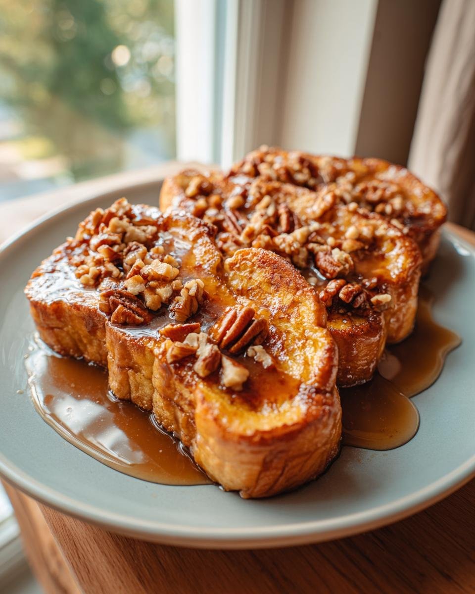 Close-up of three slices of Pumpkin French Toast topped with praline sauce and chopped pecans.
