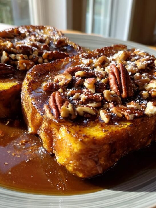 Close-up of two thick slices of Pumpkin French Toast generously topped with praline sauce and chopped pecans.