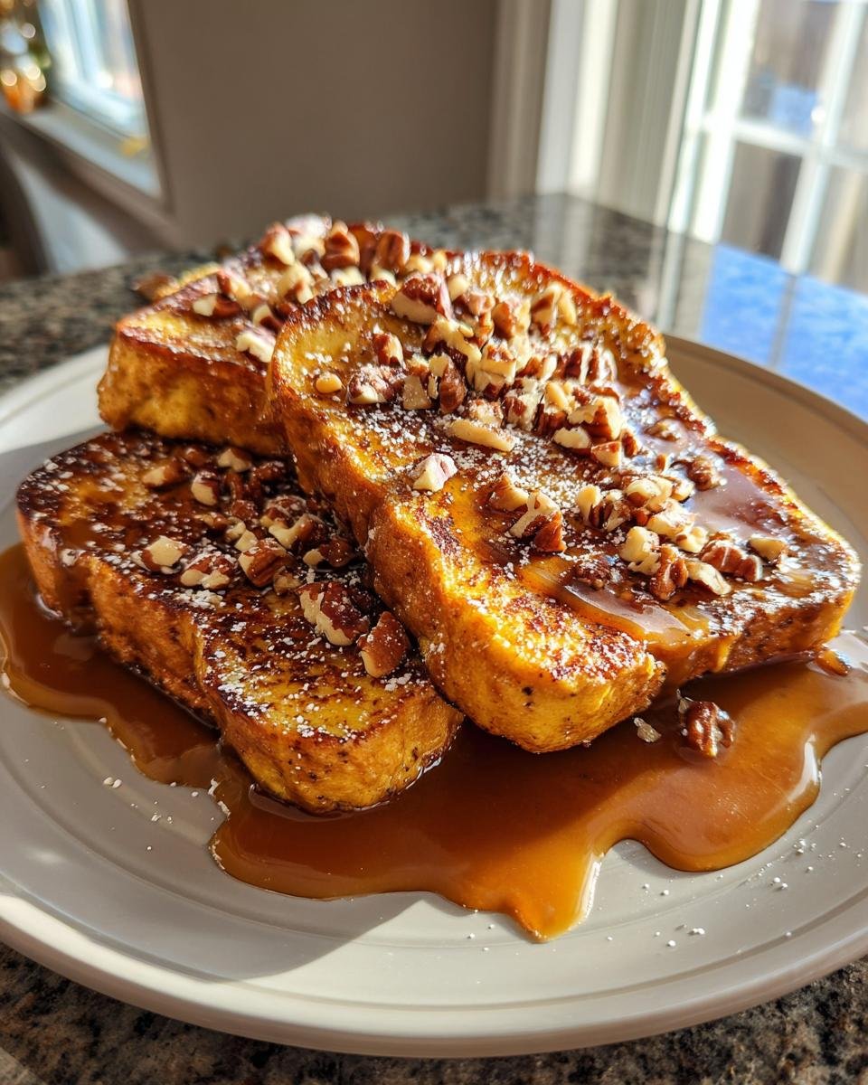 Three slices of golden Pumpkin French Toast topped with praline sauce and chopped pecans, dusted with powdered sugar.