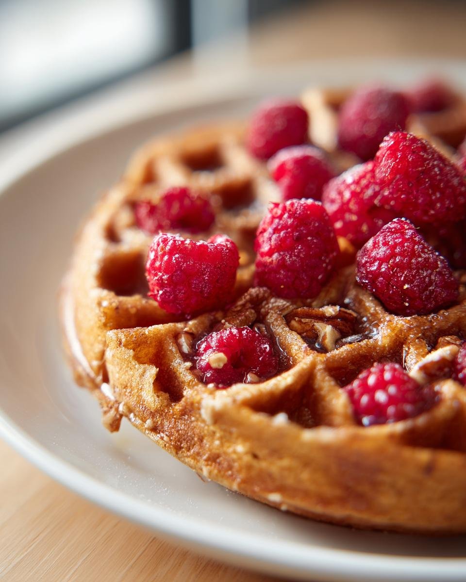 Close-up of a golden Raspberry Pecan Vegan Waffle topped with fresh raspberries and drizzled with syrup.