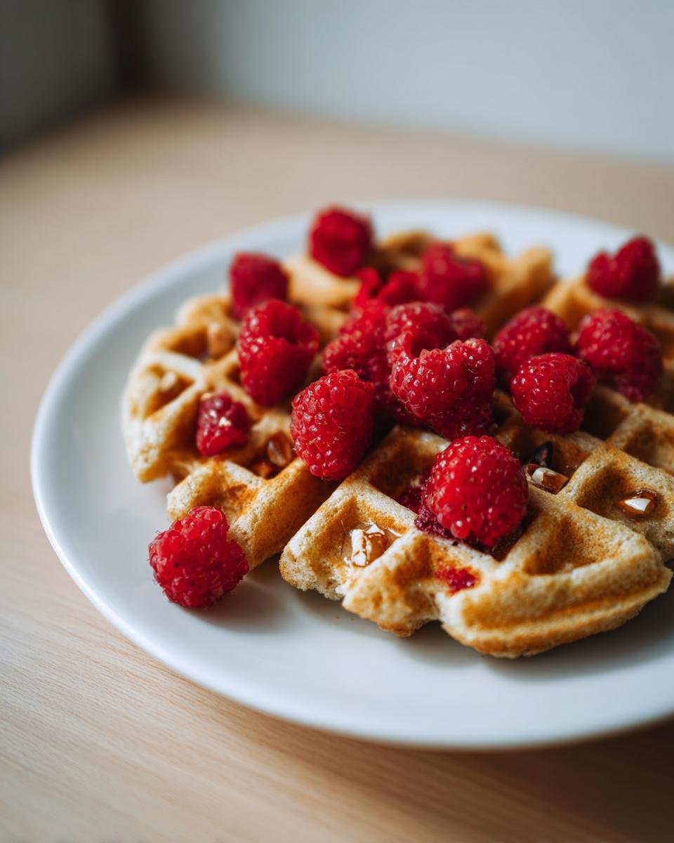 Close-up of golden Raspberry Pecan Vegan Waffles topped generously with fresh, bright red raspberries.