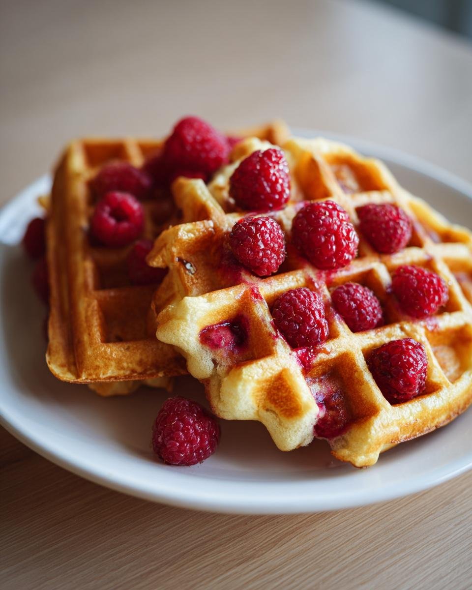 Close-up of golden Raspberry Pecan Vegan Waffles topped generously with fresh, bright red raspberries.