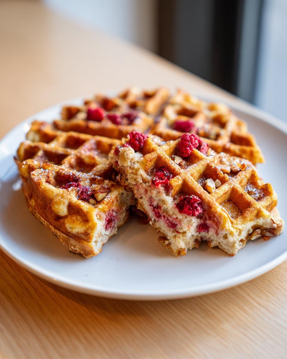Two halves of golden Raspberry Pecan Vegan Waffles showing the interior with fresh raspberries and chopped pecans.