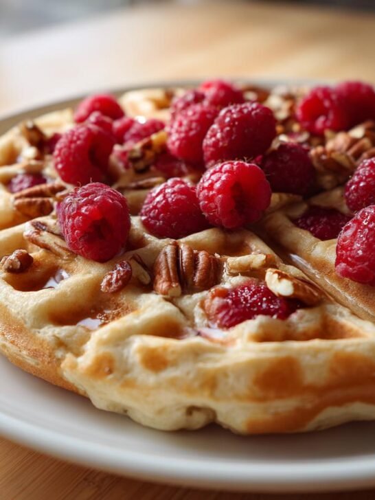 A close-up of a golden Raspberry Pecan Vegan Waffle topped generously with fresh raspberries and chopped pecans, drizzled with syrup.