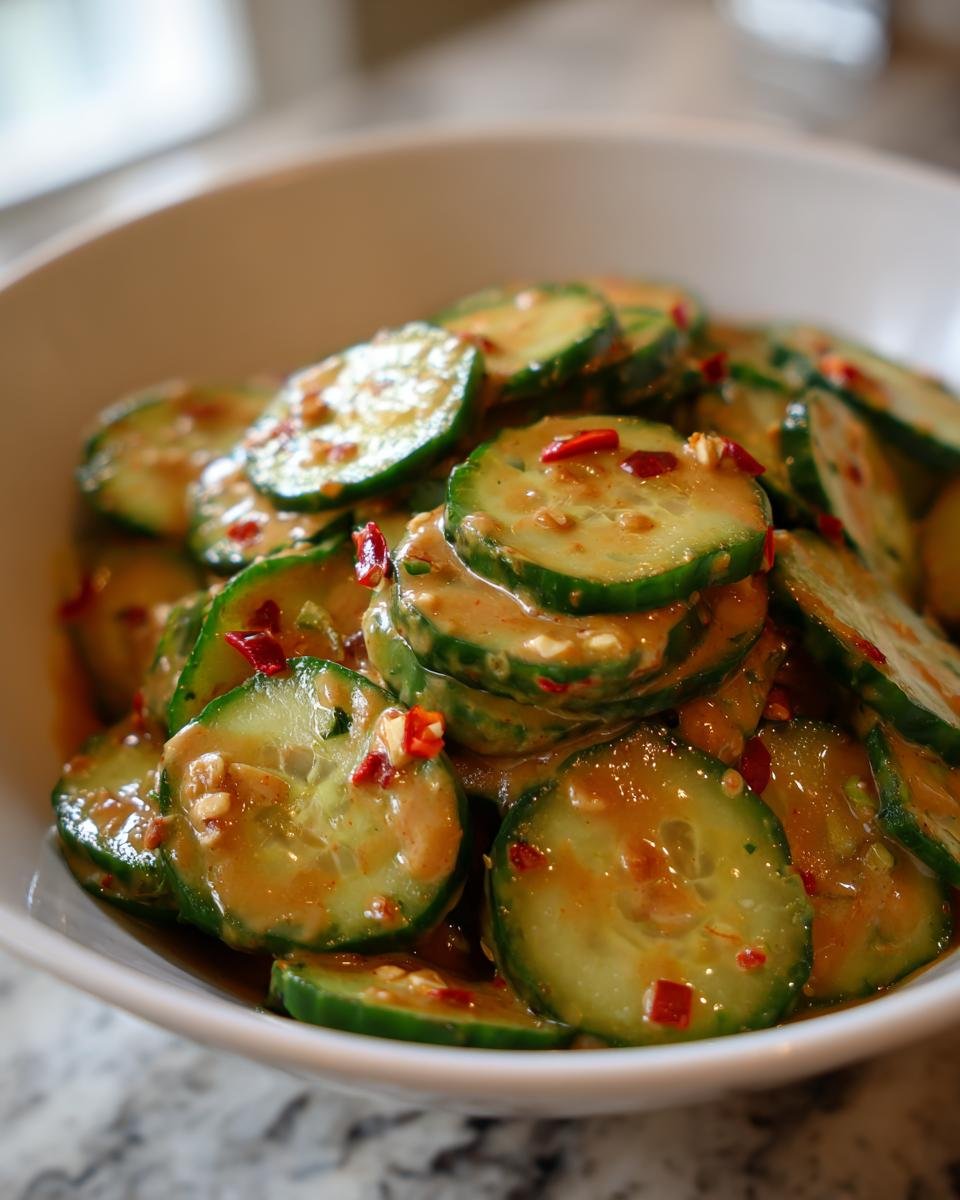 Close-up of refreshing cucumbers in spicy peanut sauce, garnished with chili flakes.