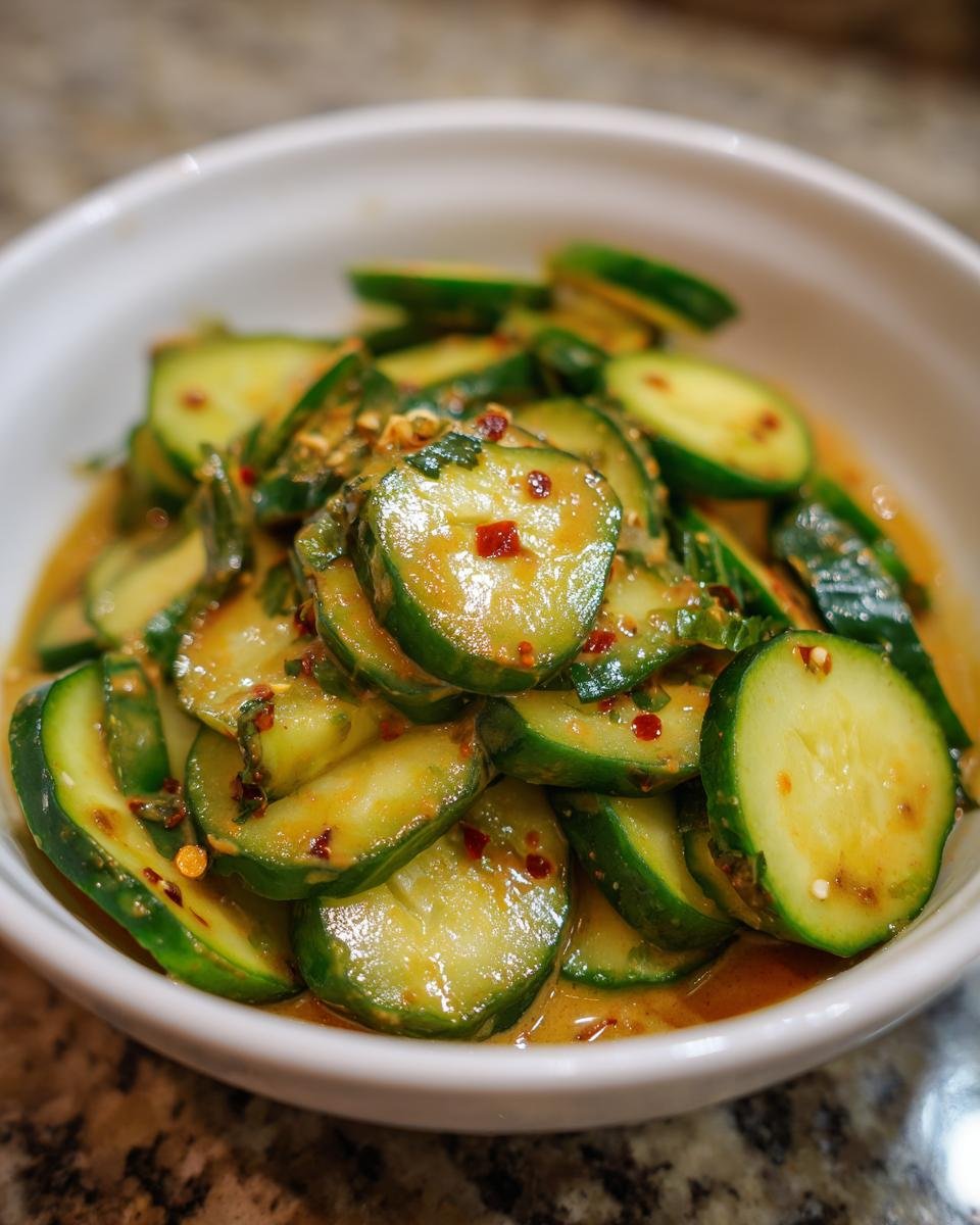 Close-up of sliced cucumbers coated in a vibrant, spicy peanut sauce with chili flakes.