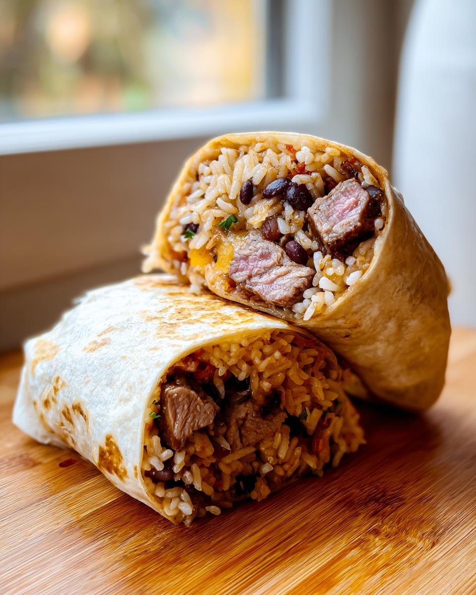 A Ribeye Steak Burrito cut in half showing seasoned rice, black beans, and medium-rare steak chunks.