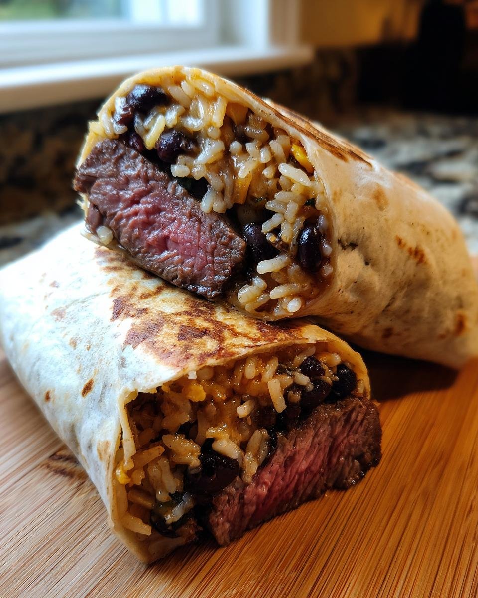 A close-up of a Ribeye Steak Burrito cut in half, showing medium-rare steak, rice, and black beans inside a toasted tortilla.
