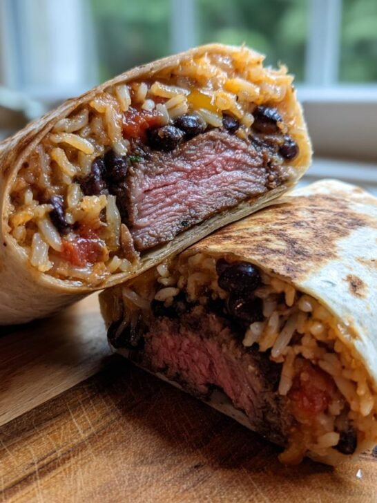 A Ribeye Steak Burrito cut in half showing medium-rare steak, rice, and black beans inside a toasted tortilla.