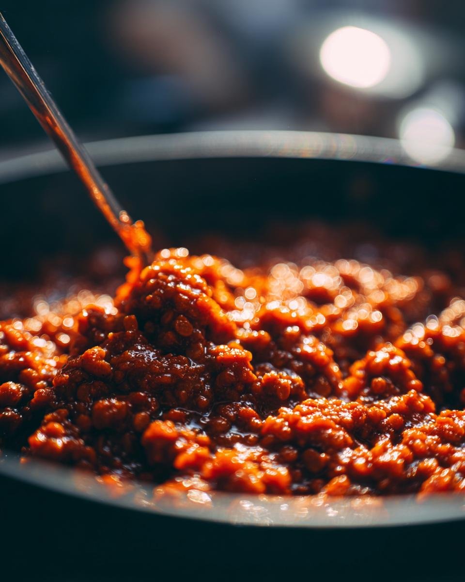 Close-up of thick, rich Vegan Bolognese sauce with a spoon stirring the hearty texture.