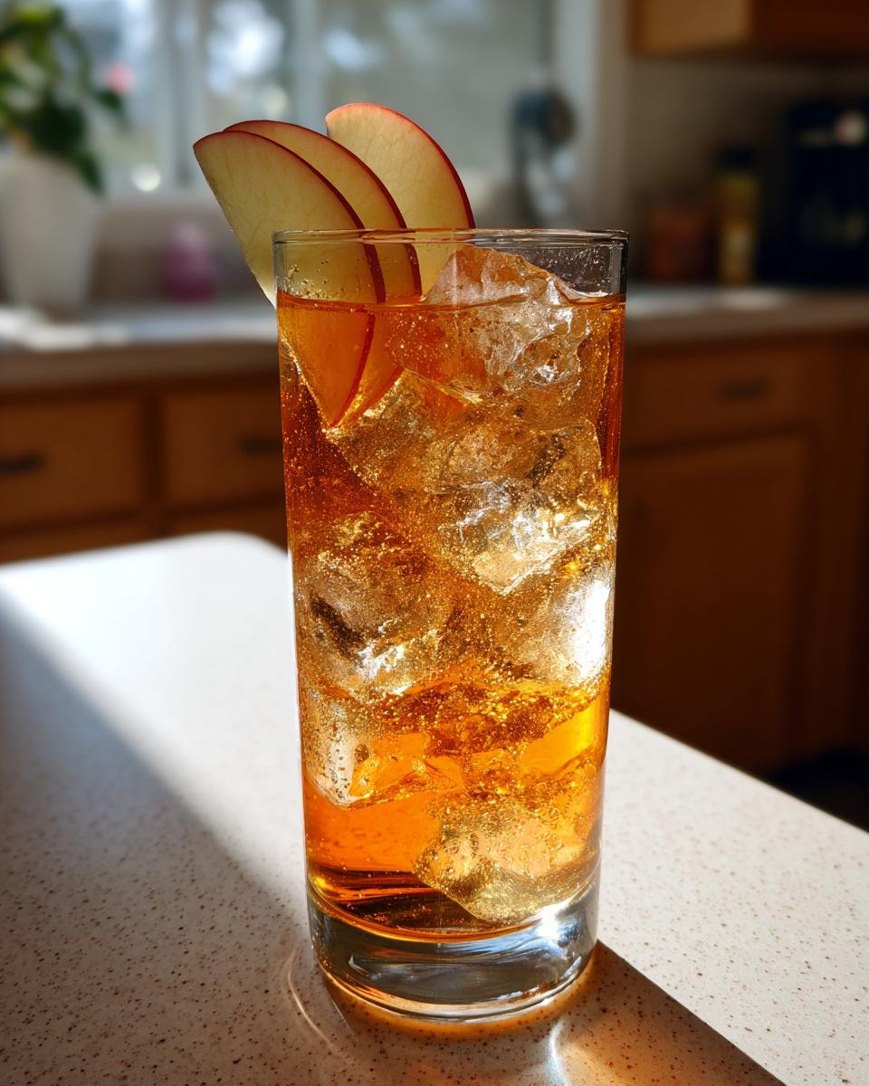 A tall glass filled with ice and amber liquid, garnished with apple slices, representing the Roasted Apple Pear Mocktail.