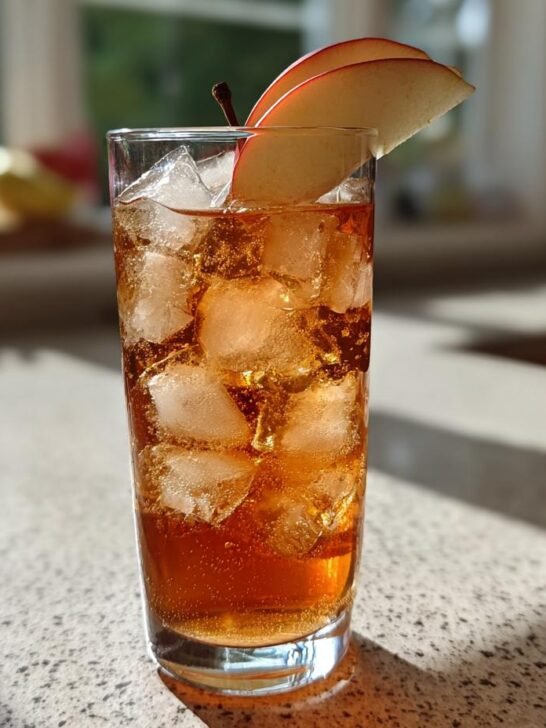A tall glass filled with ice and amber liquid, garnished with apple slices, representing the Roasted Apple Pear Mocktail.
