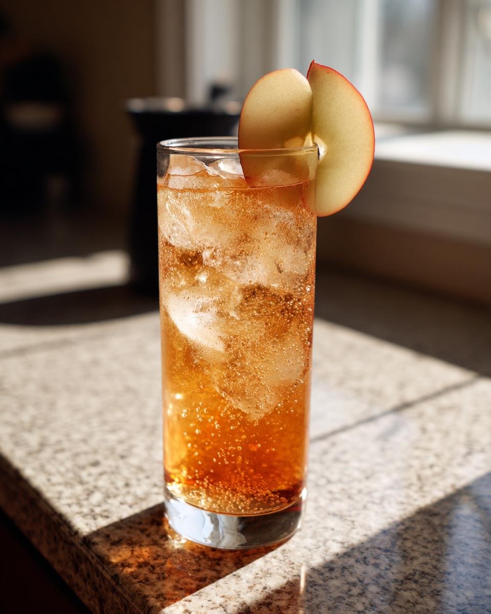 A tall glass filled with a bubbly, amber-colored Roasted Apple Pear Mocktail, garnished with a fresh apple slice.