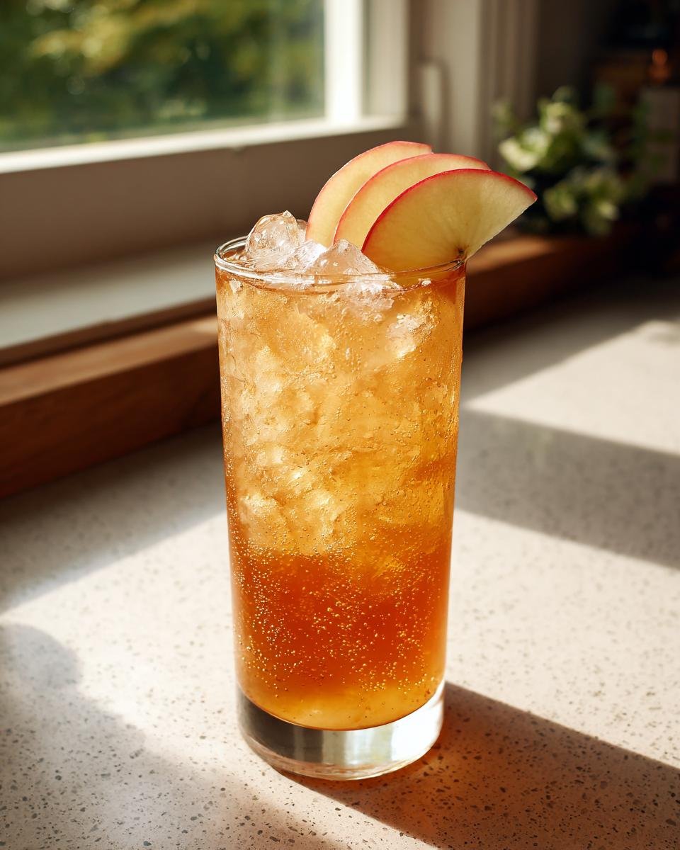 Tall glass filled with a bubbly, amber Roasted Apple Pear Mocktail, topped with crushed ice and apple slices.